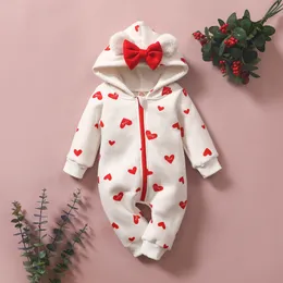 IYEAL Winter Rompers Baby Girl born Clothes Children Toddler Girls Jumpsuit Kids Warm Fleece Inner Hooded Overalls With Bow 201027