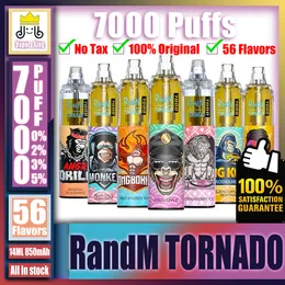 Original RandM Tornado 7000 7K Puff 7000 7K Rechargeable E Cigarette With 14ml Prefilled 850 mAh Mesh Coil Air Flow Control Vape Pen Duty Free Tax VS Fumot 9000 7K 9K