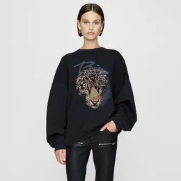 Bings 24ss Tiger Head Vintage Sweatshirts Beyaz Mürekkep Dijital Baskı Yıkanmış Kazak Kızartılmış Renk Sıkıntılı Kadın Hoodie