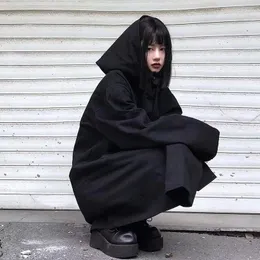 Kurtki damskie Mexzt Harajuku czarna kurtka Kobiet Dark Academic Long Rleeve Loose Hooded Midi Emewear Bf Streetwear Owwazowe peleryny