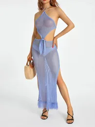 Casual Dresses Women Bikini Cover-ups Solid Color Hollow-Out Seugh Tie-up Halter Neck Backless Tassel Hem Beach Slit Long Dress