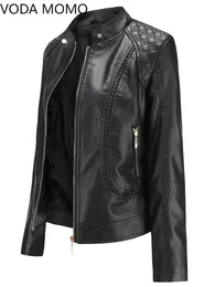 Kvinnors eleganta stand-up krage fast jacka Kvinnlig tredimensionell mönsterrock S-4XL PU Faux Leather Jacket Women 240115