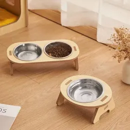 Cat Double Bowl gjord av porslin Anti välter mat rostfritt stål husdjur liten hund 240116