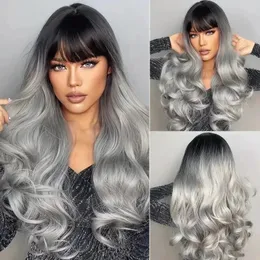 Classic Style Long Synthetic Wigs Ombre Black to Grey Curly Wavy Wig Hairs with Bangs for Ladies and Girls Daily Use Party 240116