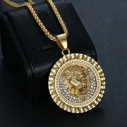 Collana con testa di leone scintillante con zirconi cubici ghiacciati da donna da uomo. Gioielli hip-hop in oro giallo 14k color argento dorato