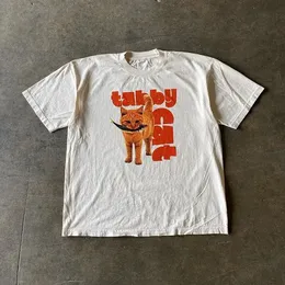 Y2K 남자 셔츠 여름하라 주쿠 거리 의류 오렌지 고양이 프린트 클래식 짧은 슬림 슬림 핏 탑 여자 티셔츠 240115