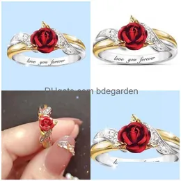 Band Rings Red Rose Women Ring Jewelry Flower Pattern Inlay Crystal Plated Sier Fashion Love You Wedding Rings Valentines Day Gift 2 Dhau1
