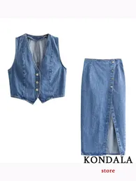 Kondala Casual Vintage Solid Denim Women Suit Single Breasted Sleeveless Vest Long Straight Split Skirt Fashion 2023 가을 세트 240115