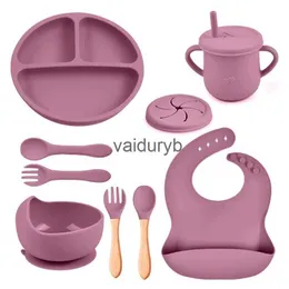 Tazas Platos Utensilios 8PCS Juego de alimentación para bebés Baberos impermeables Plato de cena con ventosa para niños Tazón antideslizante Cuchara Taza Vajilla para niños Cosas para bebés