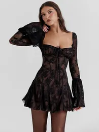 Sexy rückenfreies langes Aufflackernärmel-Druck-Minikleid für Frauen, modisches quadratisches Kragen-Aline-Plisseekleid, Party-Club, elegante Roben 240115