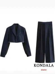 KONDALA Chic Vintage sólido traje a rayas para mujer chaquetas de un solo botón negro pantalones largos sueltos rectos moda 2023 conjuntos de otoño 240115