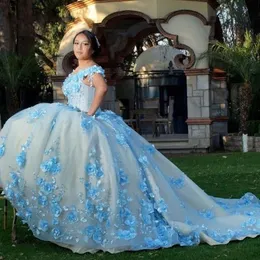2022 Perfect Pearls Quinceanera Dresses Flower Floral Applique Bahama Blue Off The Shoulmer Short Sleeves Sweet 16 Dress Ball Gow310L
