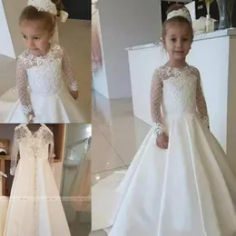 Śliczna 2020 Satynowa koronkowa aplikacja Flower Girl Dress to Wedding Party Long Rleeves Małe dzieci dziewczyny Pierwsze sukienki Komunialne