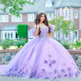 Lavendel 3D Blumenspitze Prinzessin Quinceanera Kleider Ballkleid Schulterfrei Tull Korsett Süße 15 Vestidos De XV Anos