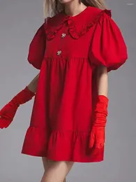 Casual Dresses Bow Buttons Red Mini Dress For Woman Pater Pan Collar Puff Sleeve Loose Short Vestidos Sweet Cute Fashion 2024