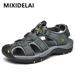 Mixidelai sapatos masculinos de couro genuíno verão tamanho grande sandálias masculinas sandálias de moda chinelos tamanho grande 38-47 240116