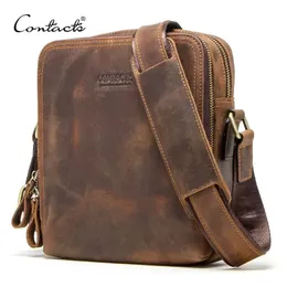 Kontaktens äkta läder Men Messenger Bag Vintage axelväskor för 79 iPad mini högkvalitativa manliga crossbody 240117