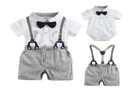 W448 Summer Baby Boys Set Gengleman Kids Bow Tie Short Sleeve Shirt Rompers Suspender Shorts 2pcs Boy Clothes Passar Children Outf6601645