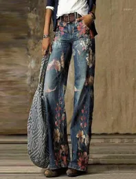 Повседневные свободные джинсы больших размеров женские осень-зима элегантные джинсовые брюки с цветочным принтом винтажные женские широкие джинсовые брюки 3XL 20214741111
