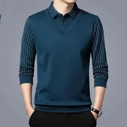 Polo d'affaires décontracté pour hommes, fin et fin, avec boutons, revers rayé, manches longues, mode coréenne, vêtements hauts, printemps automne, 240117