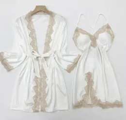 Women039S Sleepwear White Bride Bridemaid Wedding Robe Set Sexy Full Slip Lace NightGown Summer Satin Imono Bath Gown HO8385054