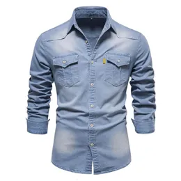 Primavera e autunno Moda uomo Abbigliamento 4 colori S-5XL Camicia con taschino in cotone 95% Camicia a maniche lunghe con risvolto Camicia di jeans casual monopetto 240117