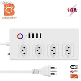 Plugue do cabo de alimentação Tuya Zigbee WiFi 10A Brasil Power Strip Line Filter 4 Disjuntores Plug Smart Energy Sockets 4 Socket Charger 2.1A USB YQ240117