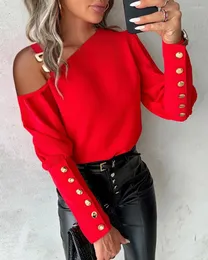 여자 블라우스 패션 패션 롱 슬리브 오프 어깨 블라우스 여성 2024 스프링 가을 우아한 셔츠 Famale 캐주얼 빨간색 느슨한 탑
