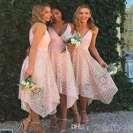 비대칭 하이 로우 핑크 댄스 파티 드레스 어두운 네이비 v 넥 짧은 신부 들러리 드레스 보헤미안 레이스 웨딩 게스트 드레스 P175E