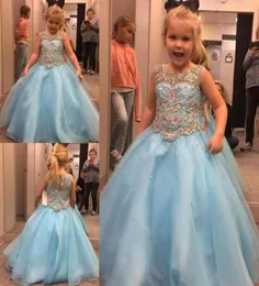 Himmelblaue Prinzessin-Hochzeits-Blumenmädchenkleider, bauschiges Tutu, Flügelärmel, glitzernde Kristalle, Festzug-Kommunionkleid für Kleinkinder, kleine Mädchen 7084306