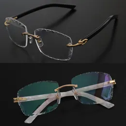 Lüks Elmas Kesim Lens Rimless Gözlük Çerçeveleri Beyaz Tahta Eşyüzleri C Dekorasyon 18K Altın Çerçeve Tasarımcı Erkek Miyop Optik Erkek ve Kadın 60-18-140mm