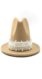 Шерстяные джазовые шляпы Fedora, повседневные женские фетровые шляпы с жемчужной лентой, панама-трилби, кепка для вечеринок, 5861 см, 17 цветов6391431