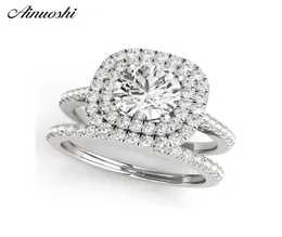 Ainuoshi 925 Sterling Silver Women Wedding Engagement Ringセットダブルハロー1CTラウンドカットウェディングリングセットAnillos de Plata Y20015962797