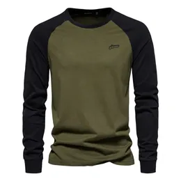AIOPESON 남자 티셔츠 100% 면화 긴 소매 O-Neck Pactwork 캐주얼 T 셔츠 남성용 봄 디자이너 티 남성 의류 240117