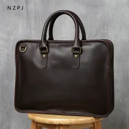 NZPJ Retro Men's Portfölj Läder LAPHT -BAPP BAG TOP LAYER COWHIDE CASUAL HANDBAG 14 tum Business Shoulder Bag Messenger Bag 240116