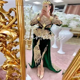 Абайя Кафтан Марроканское зеленое вечернее платье с верхней юбкой и шлейфом с длинными рукавами и золотыми аппликациями Бархатное арабское платье для выпускного вечера с кисточкой Муслима Причудливое платье de novia