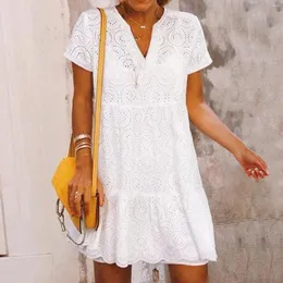 Vestidos casuais elegante cusual vestido branco para mulheres temperamento com decote em v manga curta oco para fora solto mini femme vestidos de verão