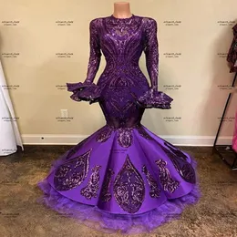 Sexy Mermaid Lange Mouwen Prom Jurken 2022 Paars Sequin Applique Zwarte Afrikaanse Aso Ebi Meisje Party Lange Avond Dress237u