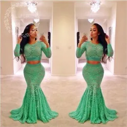 Lime Green Lace Two Pieces Prom Dresses 2017 Long Sleeves Mermaid Evening Dress African Plus Size Black Girls Formal Party Gowns2653