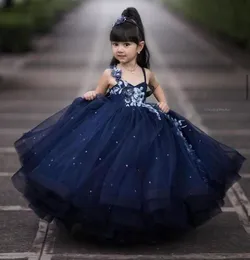 2021 Navy Blue Lace Flower Girl Dresses Beaded Spaghetti Ball Gown Tulle Lilttle Kids 생일 대회 결혼식 가운 6245357