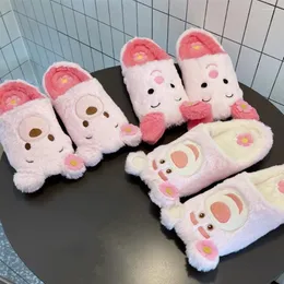 Тапочки с героями мультфильмов, теплые домашние тапочки в японском стиле, повседневная нескользящая нескользящая плюшевая обувь на плоской подошве для девочек, детская женская плюшевая обувь, милый розовый медведь