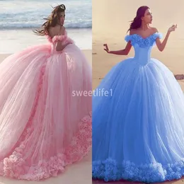 Pink Quinceanera Gowns Princess Cinderella Formal Long Ball Gown Prom Evening Dresses Chapel Train Off Shoulder 3D Flower241K