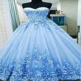 2020 Ballkleid-Abschlussballkleider, herzförmige Applikationen, Tüll, rückenfreier Verband, hellblaue Abendkleider, Quinceanera-Kleider, Sweet 16, Dres295y