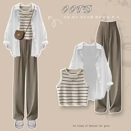 Pantaloni da donna primaverili 2024 abbinati Set coreano elegante camicia casual a maniche lunghe maglia pantaloni da completo tre pezzi 240116