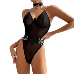 Erotiska kläder Sexiga kvinnor Sovkläder Underkläder Öppen back Split Chain Babydoll Sheer Jumpsuit Set 240117