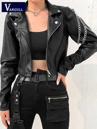 Damen Leder Kunstleder Vangull Kunstleder Kurze Jacke Frauen Punk Harajuku Schwarzer Mantel Frau Gothic Langarm Mantel Mit Ketten Outwears Tops YQ240116