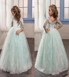 2017 Romantic Mint Green Flower Girl Dress for Weddings Tulle with Lace Open Back Ball Gown first communion pageant dresses for gi1329175