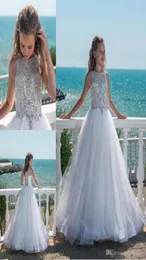 Nyaste prinsessflickor Pageant Dresses Pärled Crystal Tulle golvlängd strandblomma flicka klänningar för bröllop skräddarsydd2980322