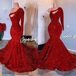 2022 Red Sparkling One Shoulder Pailletten Mermaid Long Prom Dresses Langarm gerafftes Abendkleid Plus Size Formal Party Wear Gown262j