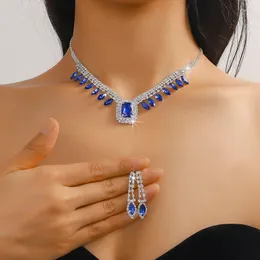 Halsband örhängen set fyuan lyxig blå kristall för kvinnor geometriska fyrkantiga hänge bröllop brud tillbehör
